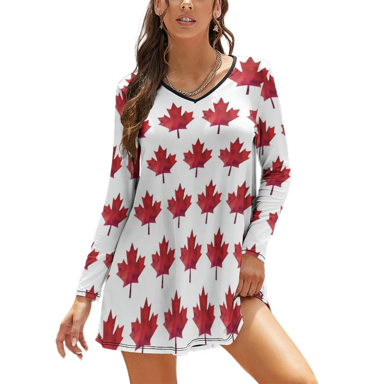 

Canada Day Watercolour Maple Leaf Pattern Long Sleeved Loose Dress african dresses for woman Dress for girls