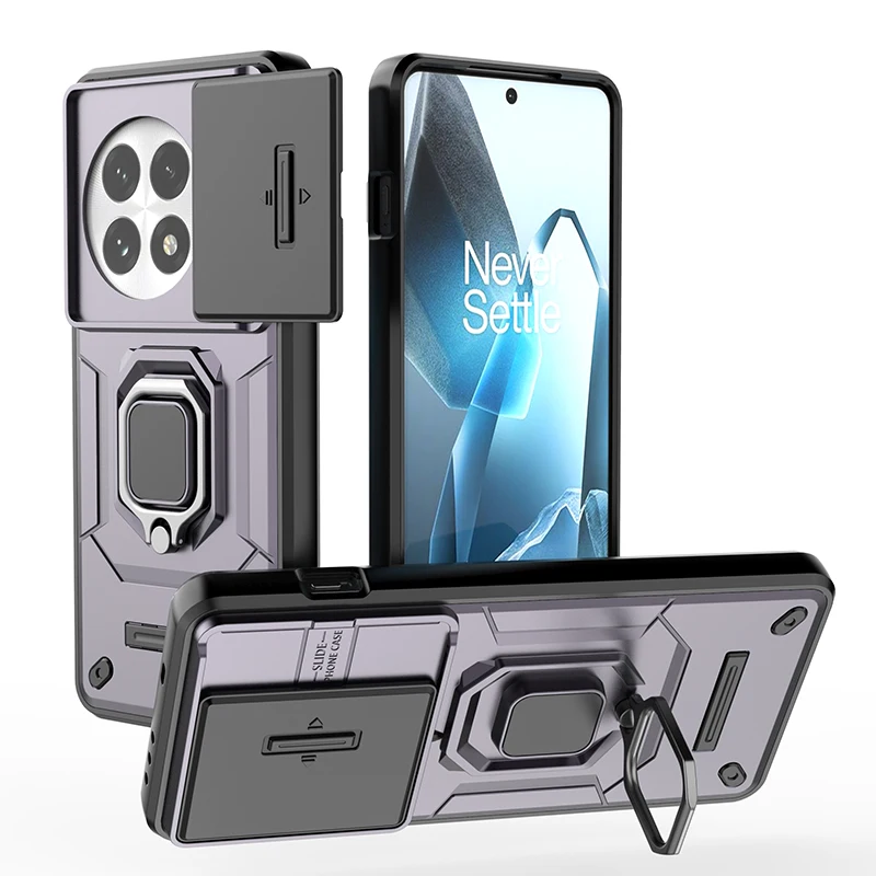 Slide Lens Protect Armor Phone Case with Car Magnetic Ring Holder and Back Cover