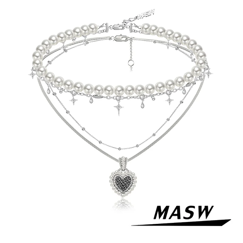 

MASW Original Design Delicate Style Simulated Pearl Choker Black Heart Necklace For Girl Women Party Wedding Gift Jewelry