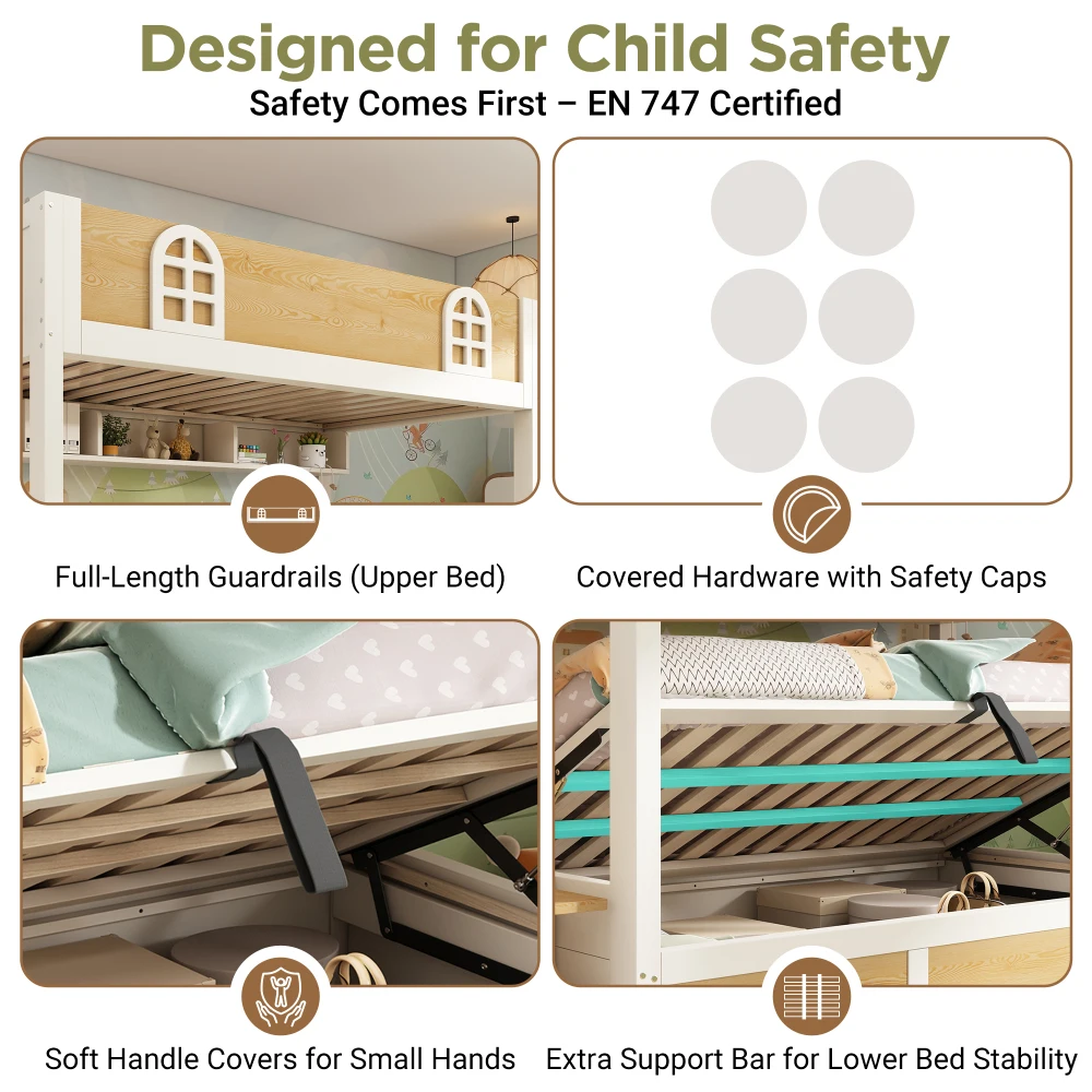 Children Bunk Bed with Staircase Storage 90x200cm Double Bed Safety Lattice No Mattress Included