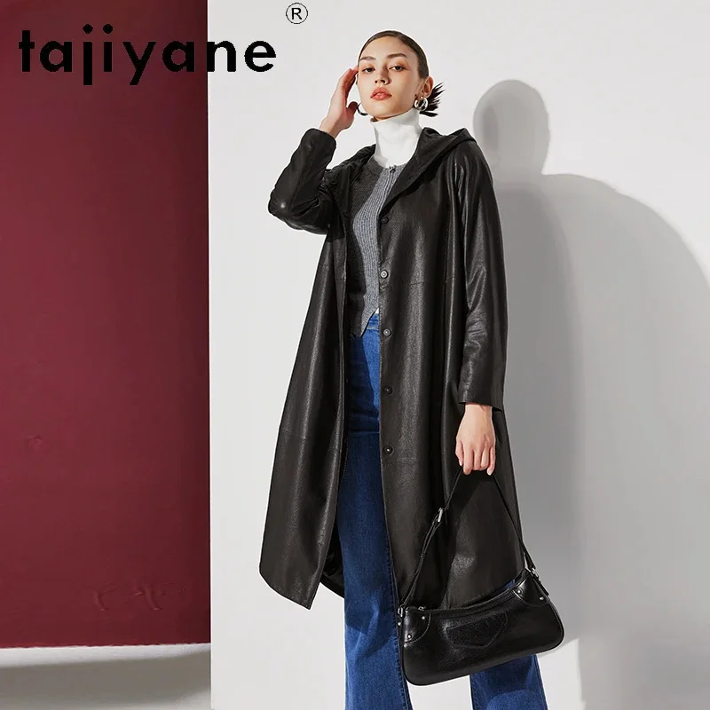 

Genuine Tajiyane Sheepskin Leather Trench Coat for Women 2024 Real Jacket Long Windbreaker Hooded Oversized Jackets