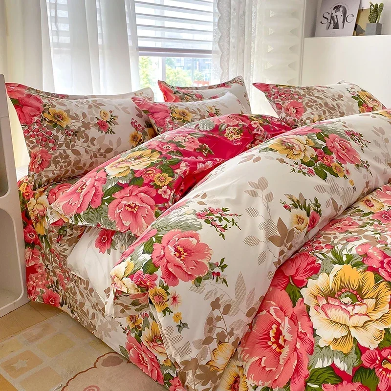 Romantic Peony Floral Duvet Cover Set Reversible Shabby Flower Comforter Cover with 2 Pillowcase Vintage Farmhouse Bedding Set