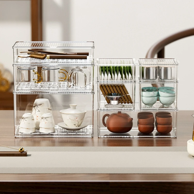 ClearTeaStorageContainerwithDustproofCoverStackableSpaceSavingTeapotsStorage