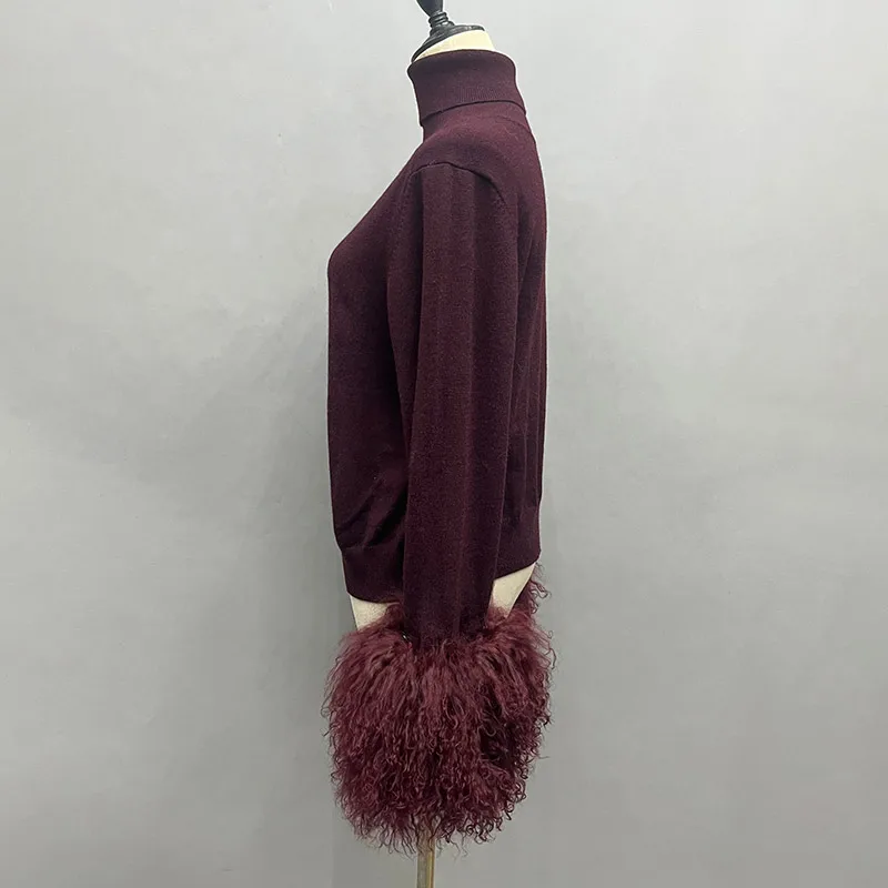 Women's Winter Sweater with Mongolian sheep Fur Cuff Lady Fashion High Collar Soft Warm 3