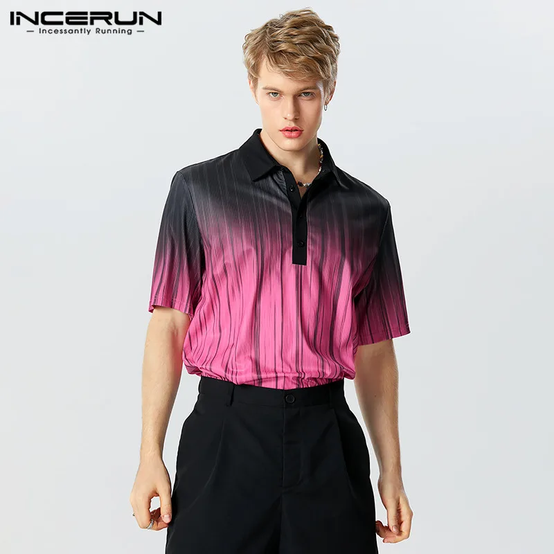 

INCERUN Tops 2023 American Style New Men Gradient Knitted Shirt Casual Streetwear Hot Sale Male Short Sleeved Lapel Blouse S-5XL
