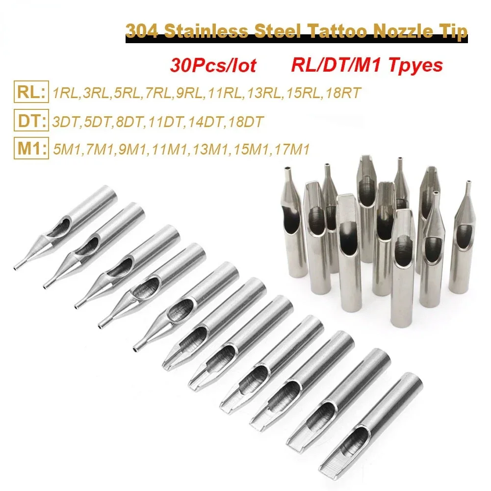 30Pcs RL DT M1 22 Sizes Stainless Steel Tattoo Machine Nozzle Tips Tattoo Grip Needles Kit Eyebrow Makeup Supply Accessories
