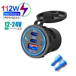 78W Fast Charging Waterproof Car Charger with Dual USB-C Ports and LED Touch Switch (Blue)