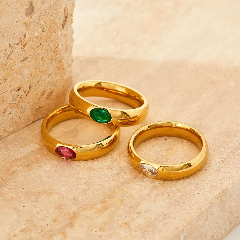Retro Polished Stainless Steel Multicolour Crystal Oval Zircon Wedding Rings for Women 18K Gold Plated Thick Simple Knuckle Ring