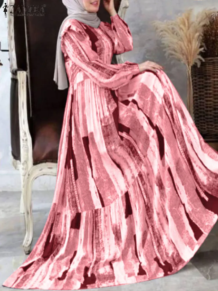 

Autumn Casual Loose Muslim Abaya Sundress ZANZEA Stylish Women Long Sleeve Printed Maxi Dress Robe Femme Bohemian Vestido Kaftan