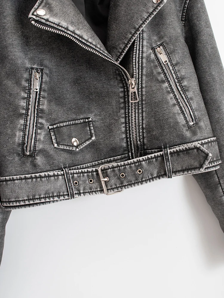 Women Loose Pu Faux Leather Short Jacket with Belt Streetwear Female Moto Biker Zipper Lapel Coat Outwear leather jacket women