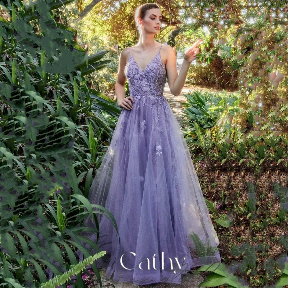 

Cathy V-neck A-line Tulle Prom Dress 2024 Elegant Spaghetti Strap vestido de gala 2024 Sexy Side High Split فساتين السهرة