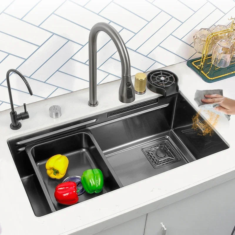 Black Nano Kitchen Sink 304 Stainless Steel Waterfall Sink Basin Large Single Bowl With Multifunction Touch Waterfall Faucet