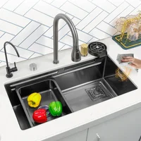 Black Nano Kitchen Sink 304 Stainless Steel Waterfall Sink Basin Large Single Bowl With Multifunction Touch Waterfall Faucet 2
