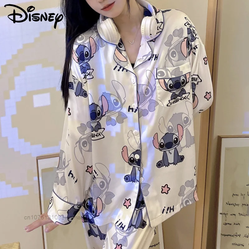 

Disney Stitch Ice Silk 2 Pcs Pajamas Sets Women's Spring And Autumn Long Sleeve Pyjamas Cute Cartoon Casual Silky Homewear Set