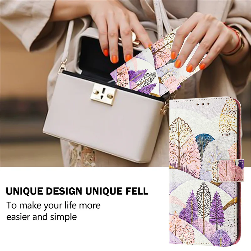 Elegant Leather Flip Case with Wallet & Stand - Painting Design