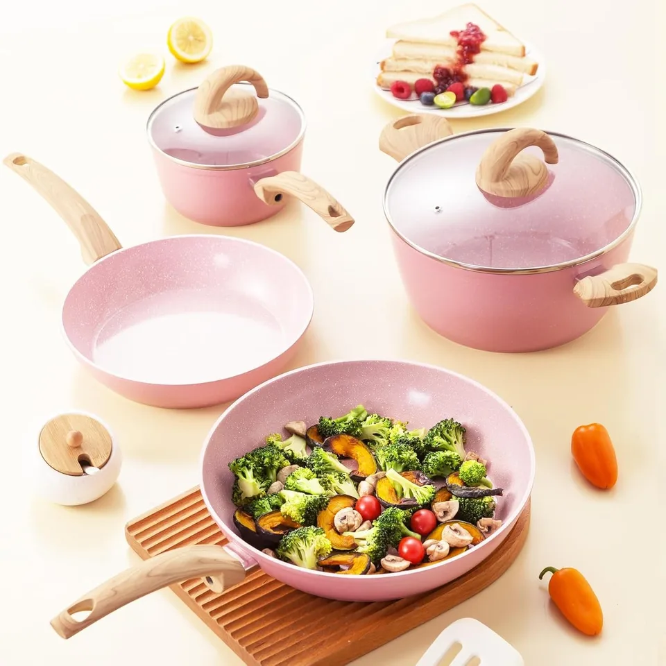 Pink Ceramic Non Stick Pots and Pans Set