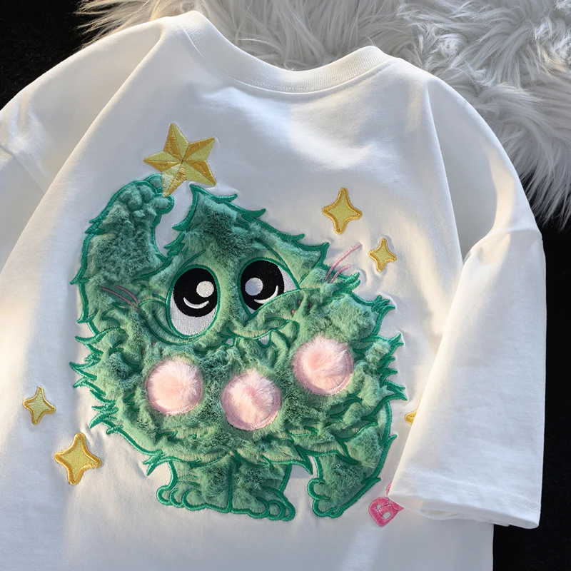 

Gaodinglan Summer Creative Flocking Cartoon Harajuku Women Short Sleeve T-shirts O Neck Cotton Tees Female Large Size Tops