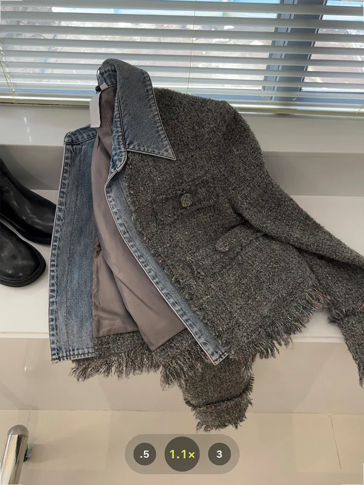 Chic Denim Patchwork Jacket Women's 2024 Autumn New Tassel Turn Down Collar Pocket Short Coat Commute Korean Fashion Retro