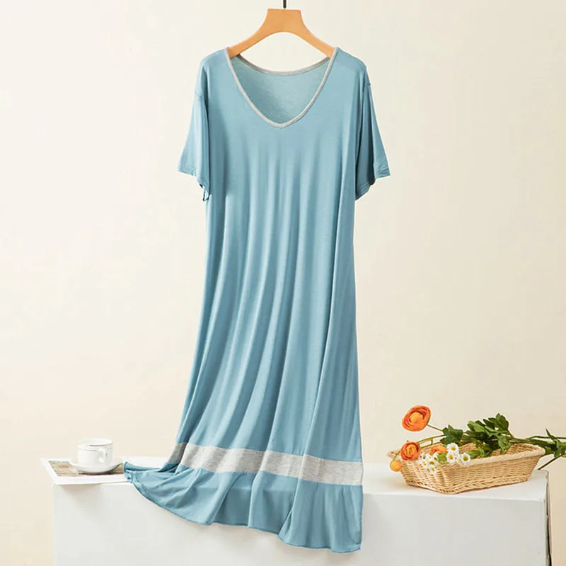 Loose Big Size Modal Sleepwear Women Dress V Neck Short Sleeve Ladies Nightie Patchwork Color Oversize Nightgowns