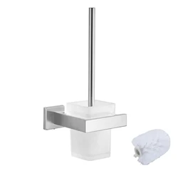 Wall - Mounted Brushed Stainless Steel Toilet Brush with Glass Holder (Brushed Nickel)