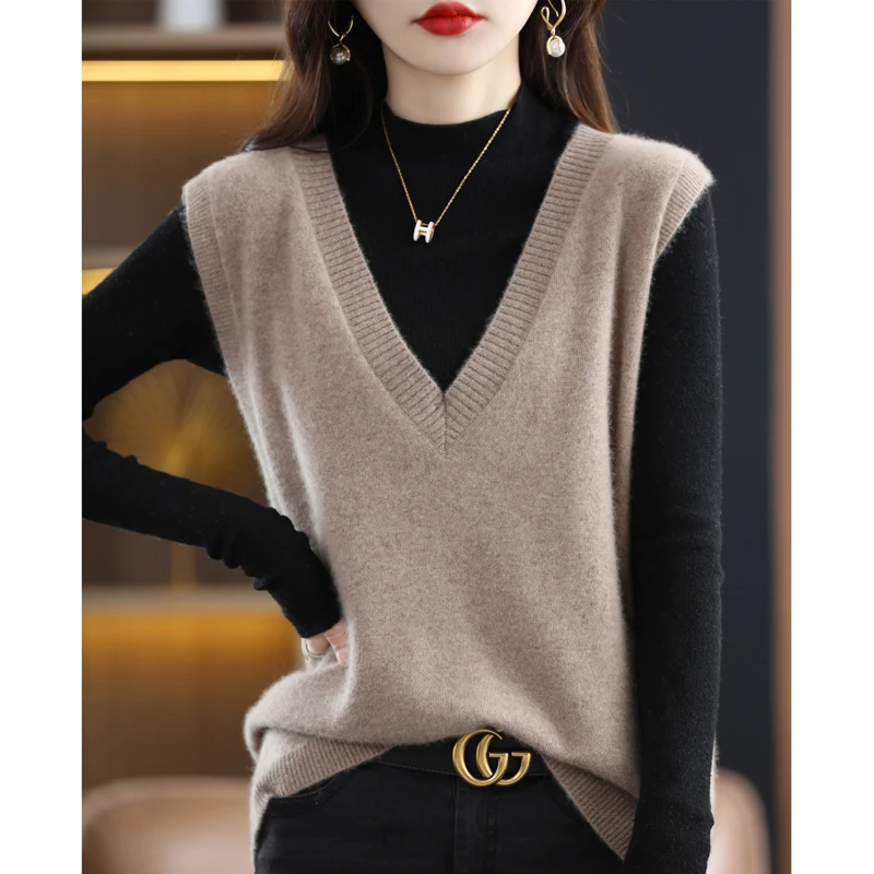 100% Pure Wool Knitted Women's Pullover V-Neck Sweater Sleeveless Pure  Color New Autumn And Winter Fashion Waistcoat Outside