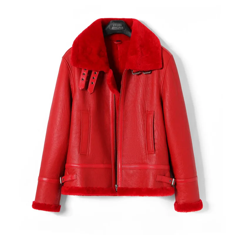 

Free shipping.Winter warm Women 100% natural fur coat.Red quality genuine leather jacket.Real shearling wool cloth.sheepskin