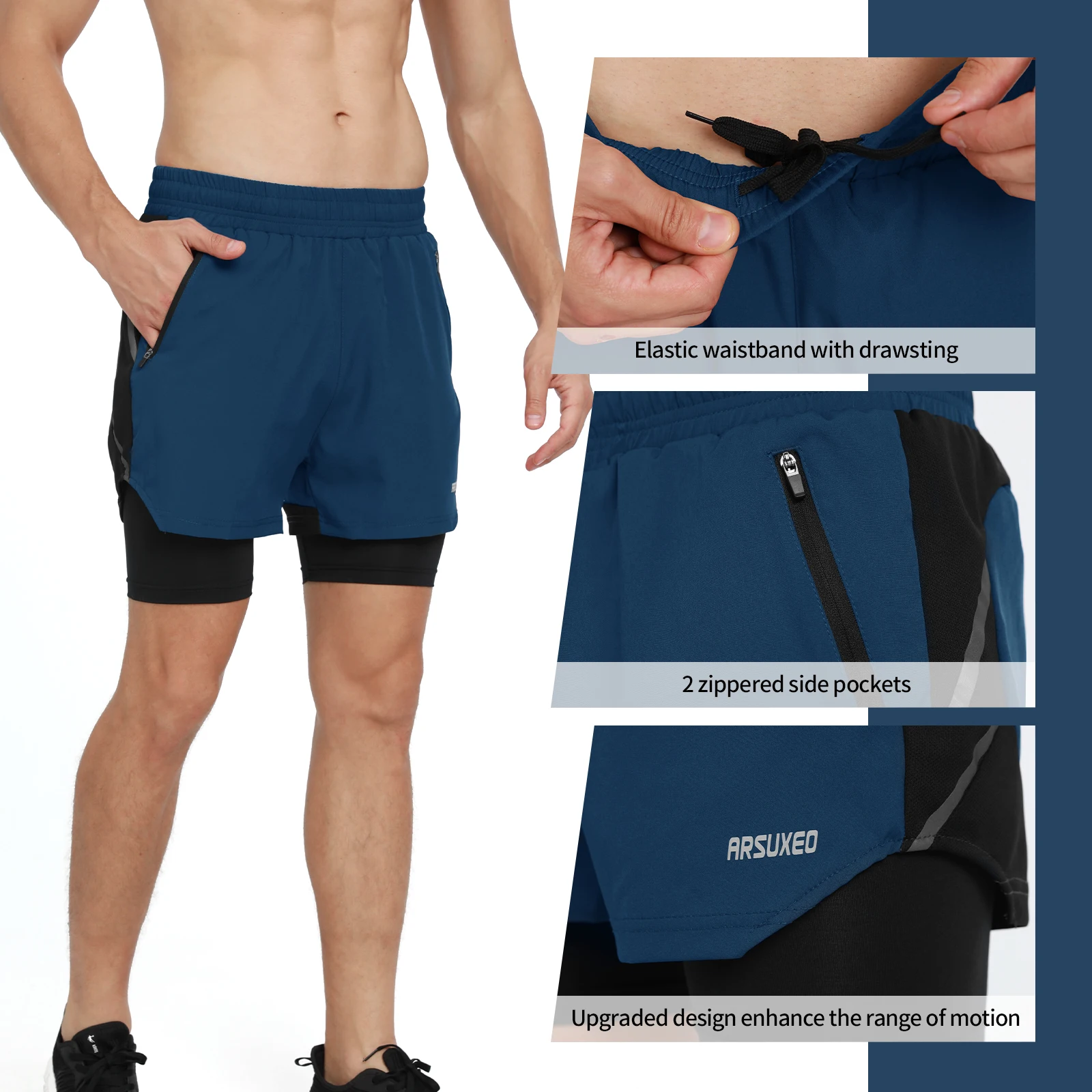 ARSUXEO Men's 7" Running Shorts 2 in 1 Quick Dry Athletic Training Exercise Jogging Sports Gym With Zipper Pocket Workout 3