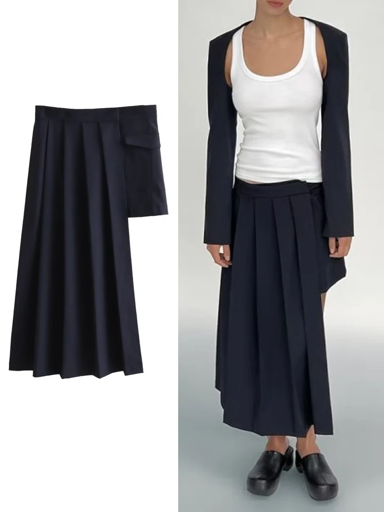 

TRAF Women Fashion High Waist Long Skirt Versatile 2023 New Summer Female Vintage SolidAsymmetrical Midi Skirts Mujer