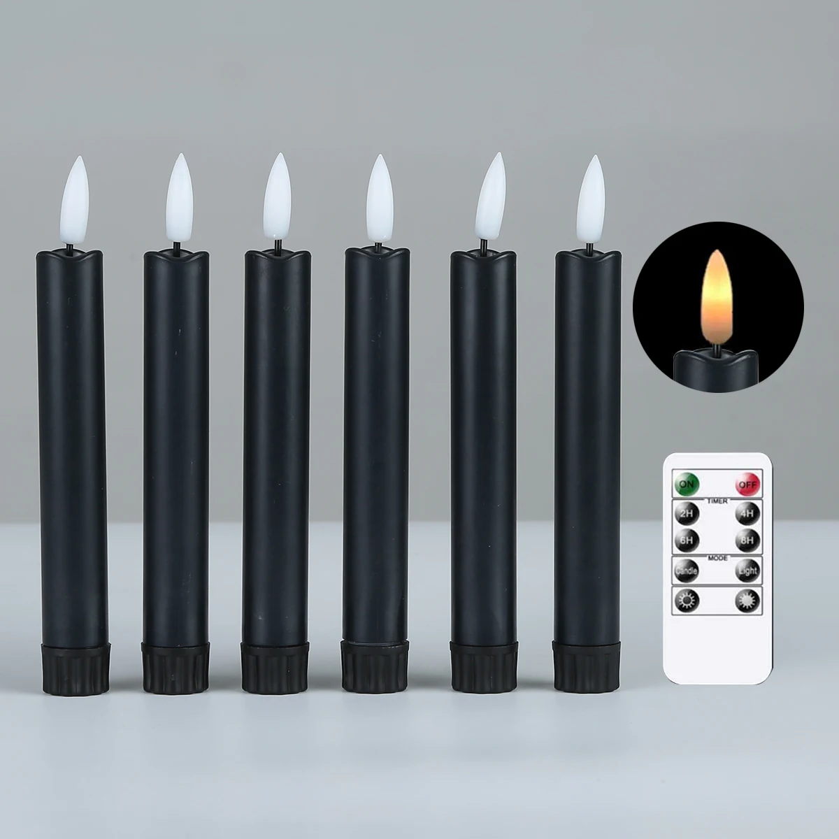 6.5 or 10 Inch Pack of 6 Short Black LED Taper Candles With Remote
