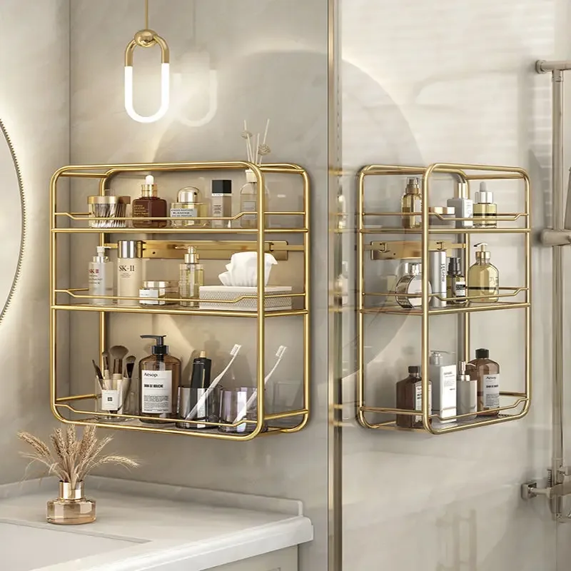 

Acrylic Bathroom Shelf Free Punch Washstand Wall Cosmetic Light Luxury Bathroom Multi-layer Gold Storage Shelf Accessories