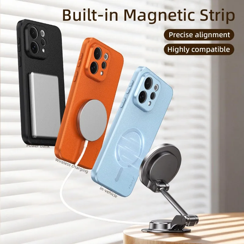 Premium Goatskin Leather Magnetic Wireless Charging Shockproof Case with TPU Soft Frame