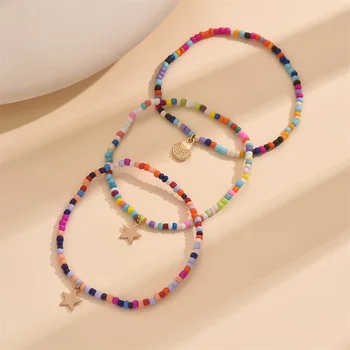 3pcs/set Rainbow Beads Cute Stars Shell Anklets For Women Multilayer Foot Chains Ankle Bracelet Beach Jewelry Summer Accessories