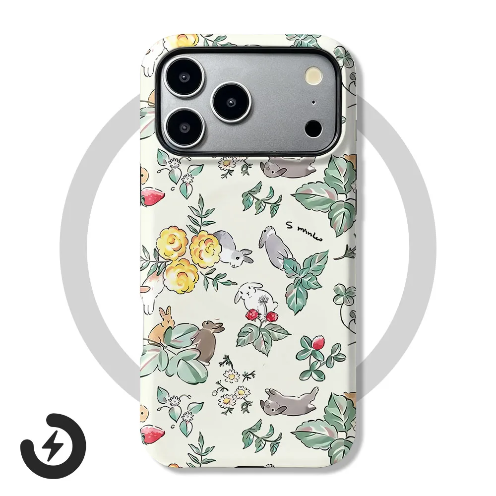 Magnetic Rabbit Leaves Print Phone Case with 2-in-1 Film Cover