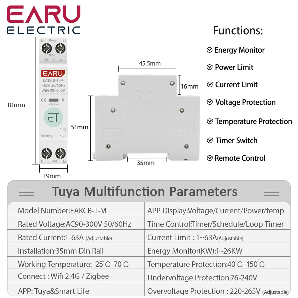 Tuya WIFI zigbee chytrá obvodový jistič MCB 1P+N 63A energie energie kwh elektrické napětí proud měřič ochránce hlas daleký ovládání spínač