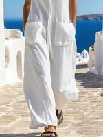 Gymystars Cotton Vintage Jumpsuits Women's Overalls Fashion Loose Pocket Design Elegant V-neck Sleeveless Romper Solid Overalls - Image 3
