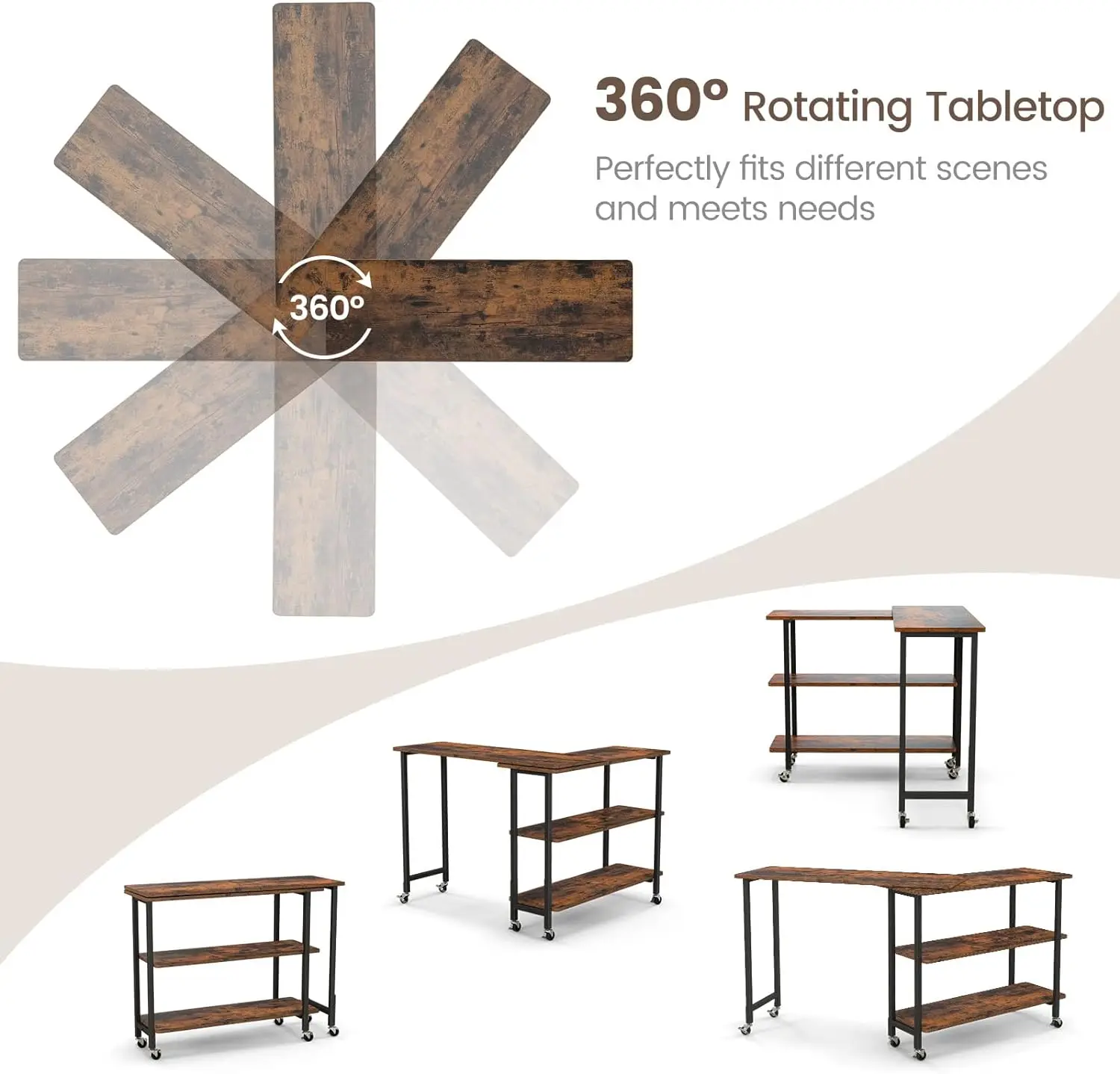 360 °   Free Rotating Sofa Side Table, Mobile L-Shaped Laptop Desk with Sturdy Metal Frame, 6 Universal Casters, Movable Couch Snac 5