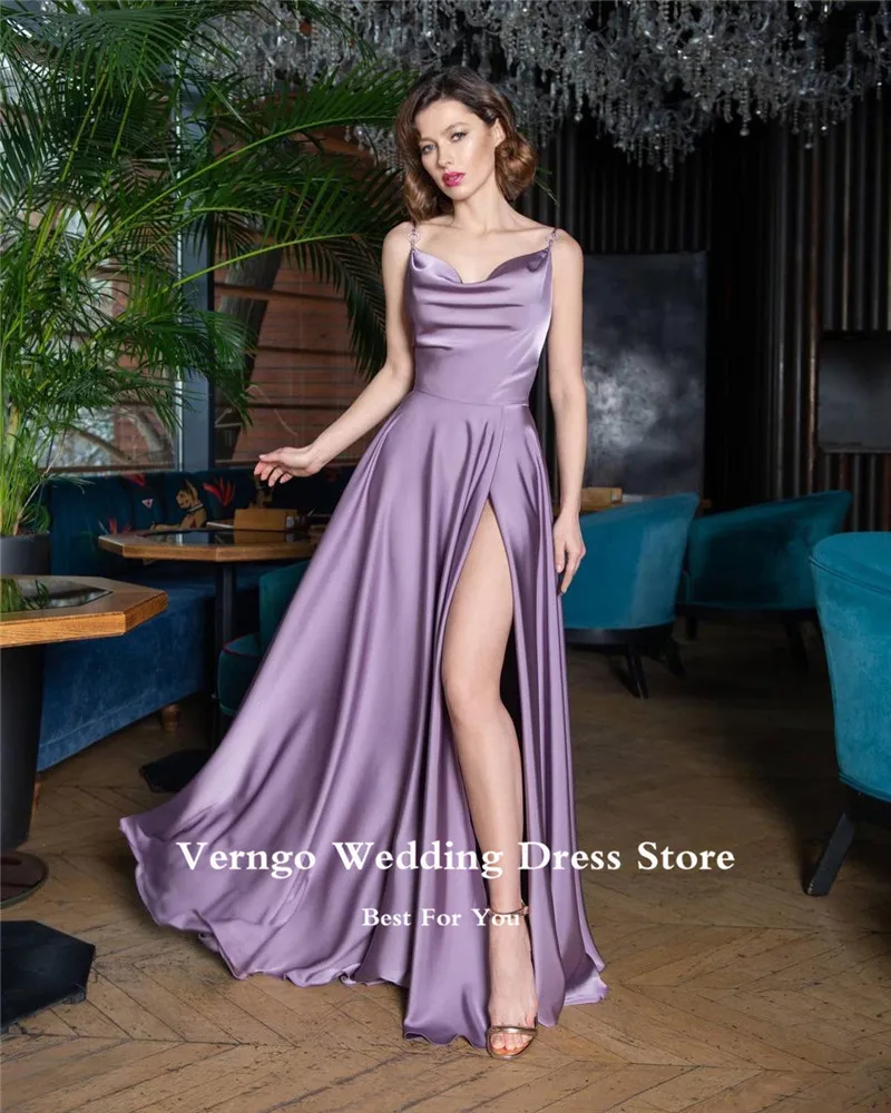 

Verngo Lilac Silk Satin Evening Dresses Spaghetti Straps Side Split Women Party Dress Arabic Women Formal Prom Gowns Bridesmaid