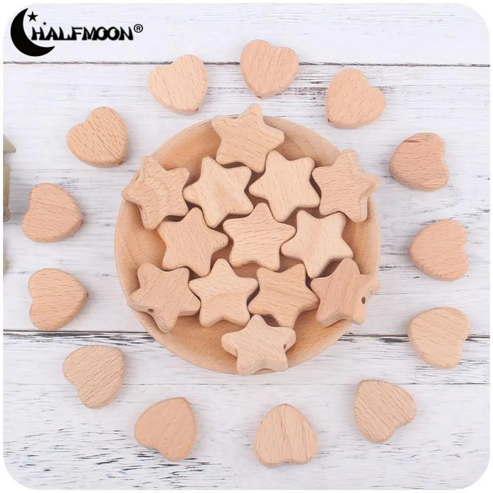 10Pcs Beech Wooden Beads Heart Star Shape Baby Teether Beads for DIY