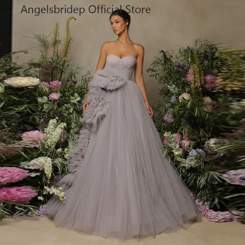 

Angelsbridep A-line Tulle Evening Dresses Sweetheart Dirty Lilac Party Dresses Ruched Robe De Soirée Formal Occasion Dresses