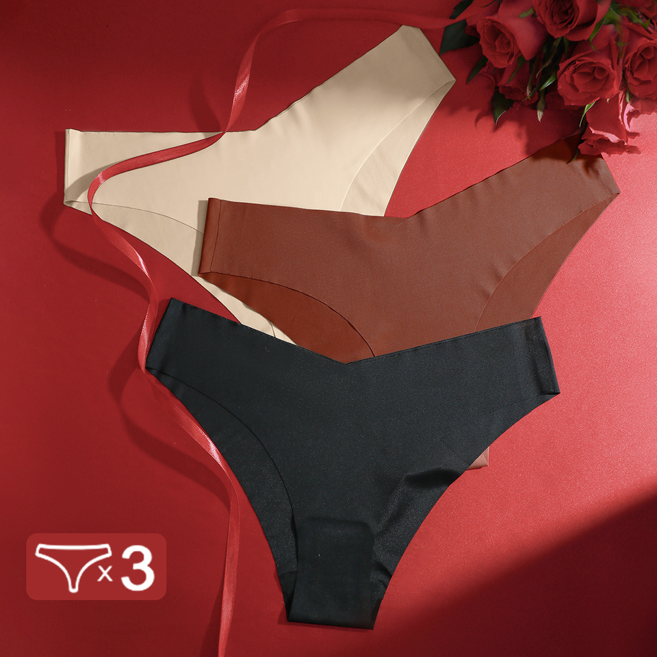 3PCS Women's Seamless Panties Ice Silk Ladies Panties Antibacterial Breathable Traceless Underwear Solid Color Women Briefs