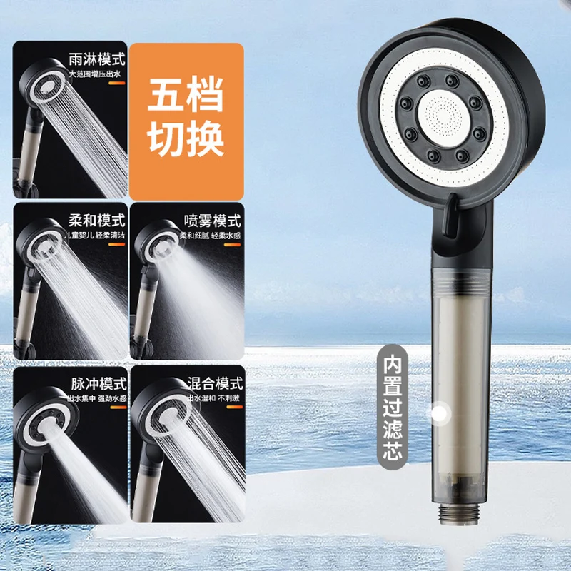 Sleek Black and Silver High-Pressure Shower Head with 5 Water-Saving Modes - Luxurious Spa Experience Handheld Shower Accessory