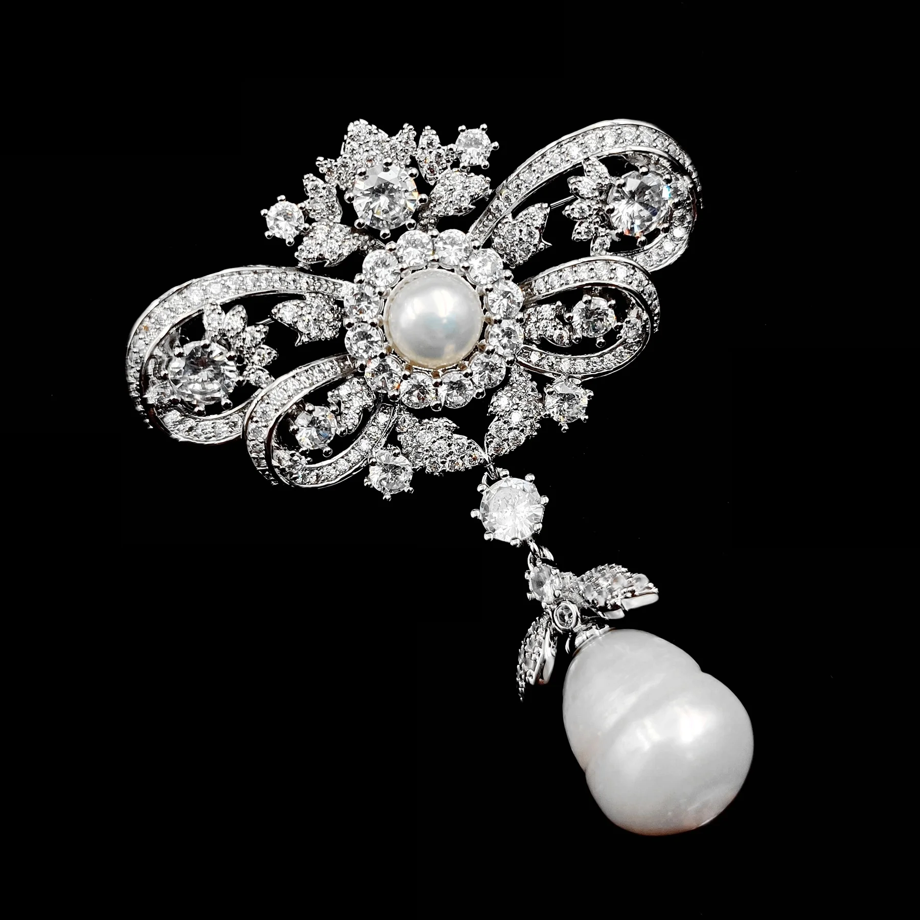 Queen Vintage Silver Tone Double Ribbon Bow & Imitated Baroque Pearl Drop Brooches Pins Edwardian Wedding Bridal Guest Accessory