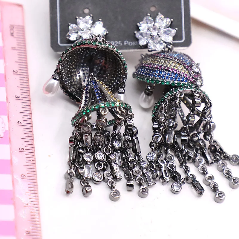 Bilincolor Micro Set Zircon Flower Wind Chime Tassel Earrings