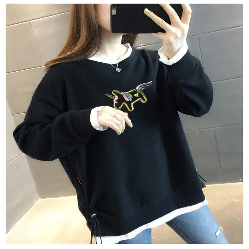 Fashion Printed Shirring Fake Two Pieces Casual Sweatshirts Female Clothing 2023 Autumn Loose Commute Tops All-match Sweatshirts