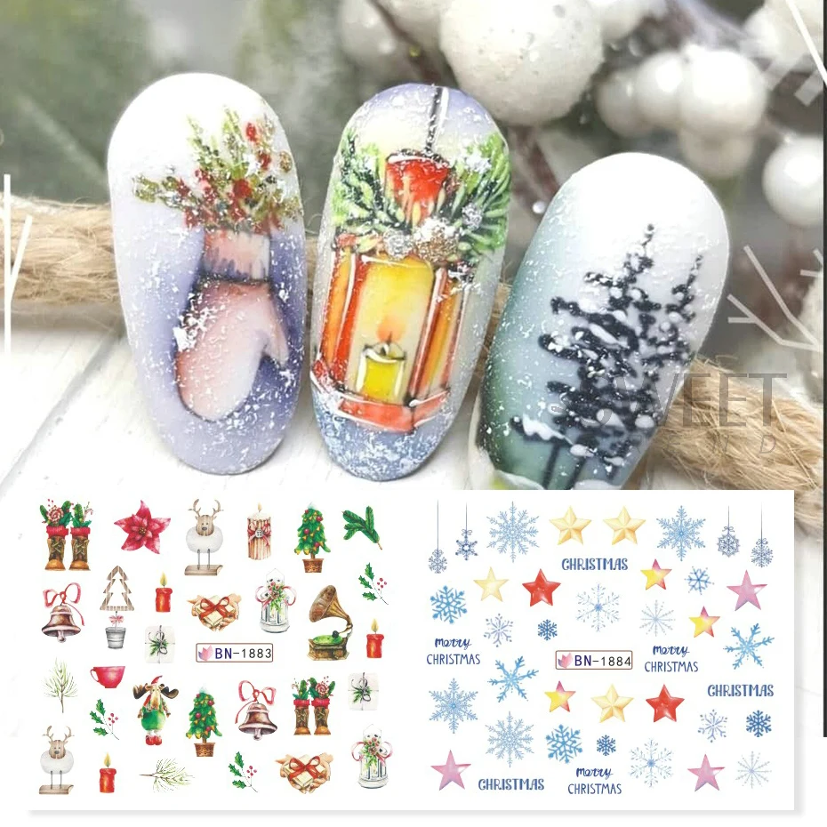12pcs Merry Christmas Water Nail Sticker Gonk Elk Cookies Snowflake Celebration Ball Sliders Winter New Year Manicure Decor Foil