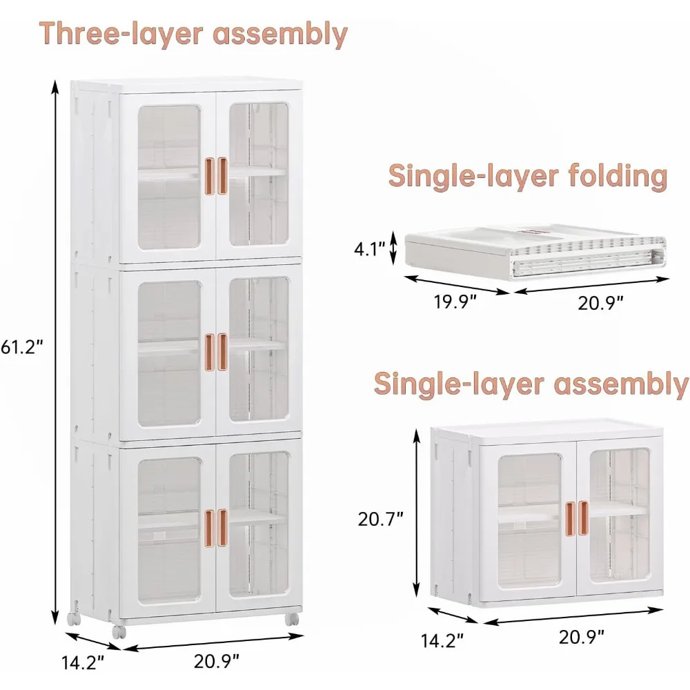 3-Tier Stackable Storage Cabinet Portable Pantry Organizer with Locking Wheels Customizable Closet Cupboard Home Organization