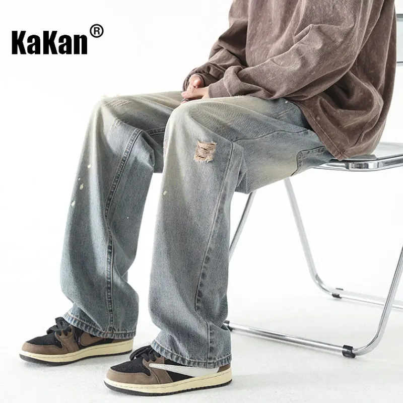 Kakan - New High Street Vintage Washed Hole Jeans Men's Wear, Loose Straight Leg Long Jeans K24-D02