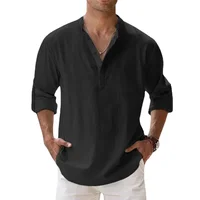 Chemises à manches courtes pour hommes, en coton et lin, couleur unie, col Henley, décontracté, Style plage, vacances hawaïennes, offre spéciale, été 2