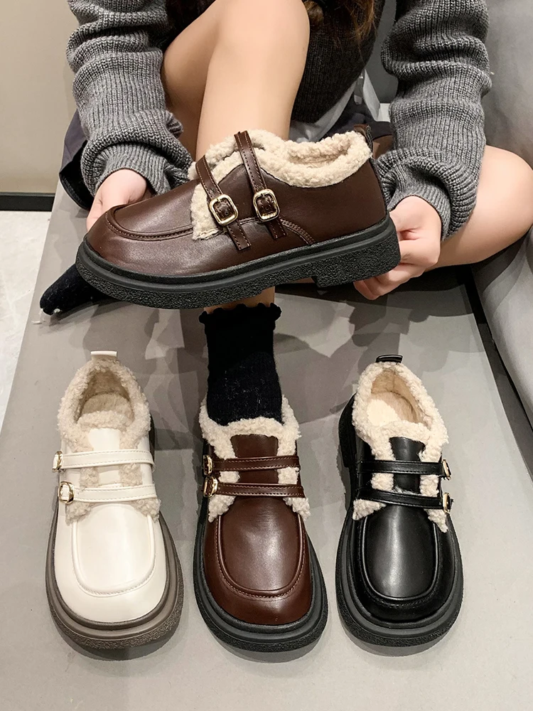 

Повседневная женская обувь без шнуровки, искусственная кожа, с мехом, круглый носок, с закрытым носком, оксфорды, Осенние сабо, платформа, слипоны, преппи L