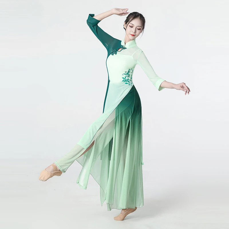 

PLUS SIZE Lassical Chinese Dance Costume Patchwork Green Elegant Gauze Qipao Stage Performance Suit Fairy Folk Dance Clothes